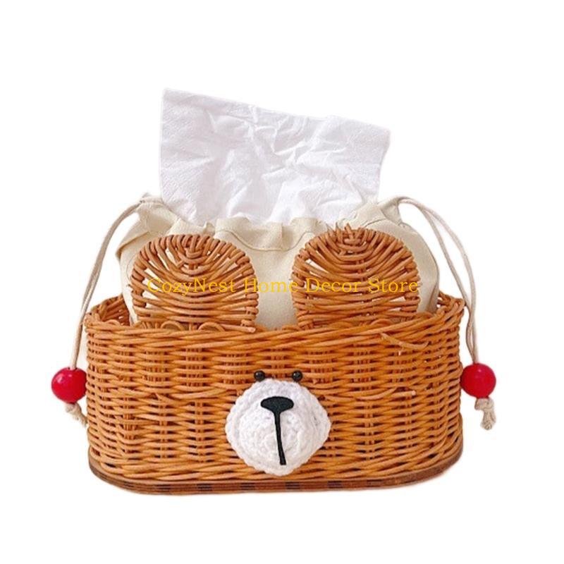 92MF Unique Cottage Tissue Holder Bear Design Crafted Rattan Kitchen Storage