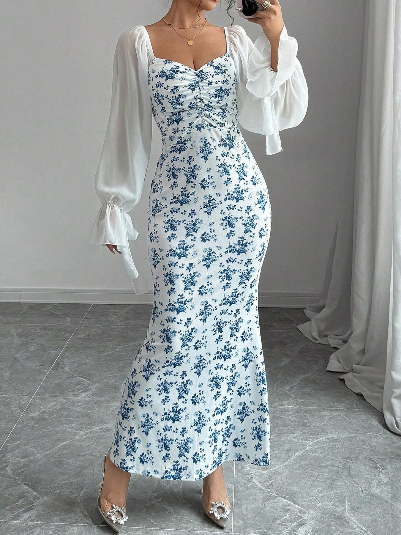 Women s Floral Print Backless Slim Fit Dress with Split Hem Long Sleeve Puff Sleeve Square Neckline Midi Dress XXL белый