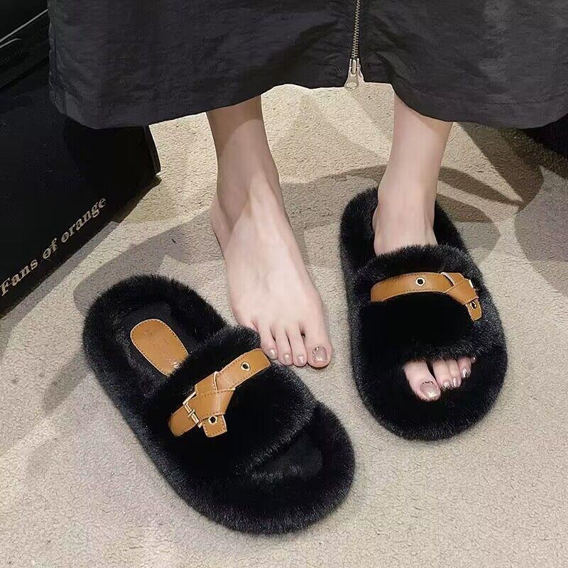 Fashion Fluffy Slippers Women Cute House Slippers Fluffy Slides Warm Slippers Healing Wool Slippers at Home Daily Thick-soled Plush Shoe