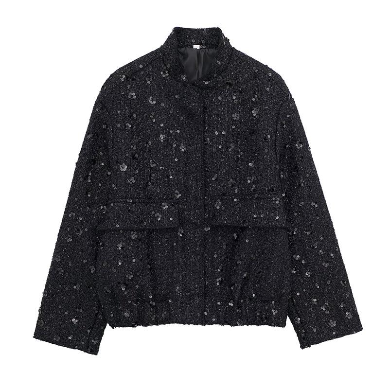 Chaqueta Holgada Dorada de Lentejuelas de Otoño para Mujer Brillante Manga Larga Casual Chaqueta Bomber con Bolsillos Abrigos de Moda Femenina