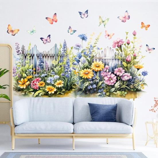 Spring Wildflower Fence Wall Sticker Colorful Butterfly Floral Wall Murals Removable Peel And Stick Decals for Bathroom Bedroom Kitchen Home Decor