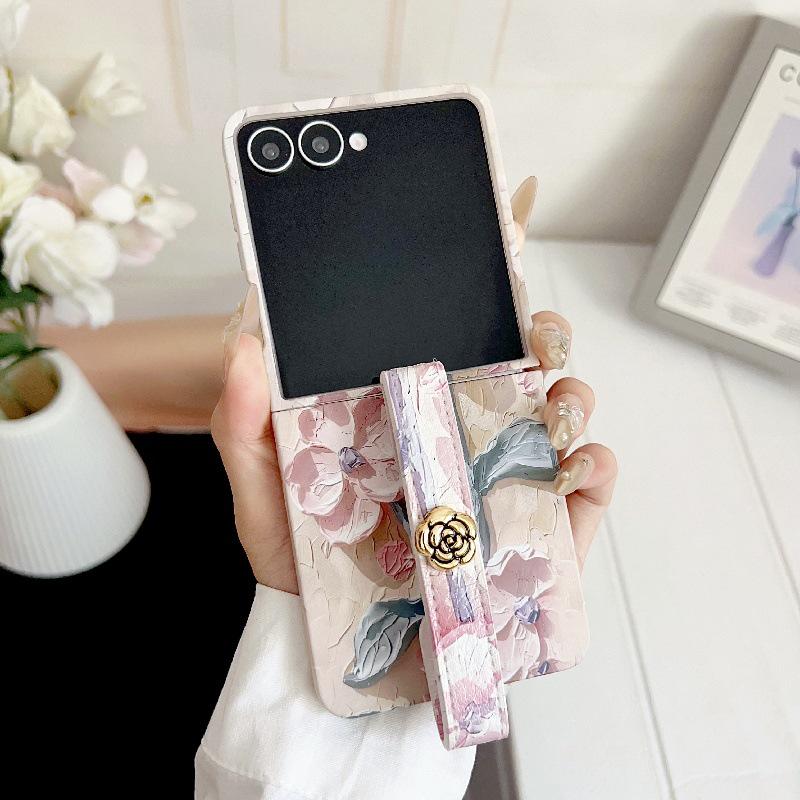 Embossed Watercolor Flower Samsung Z Flip6/5/7 Case with Anti-Lost Wrist Strap