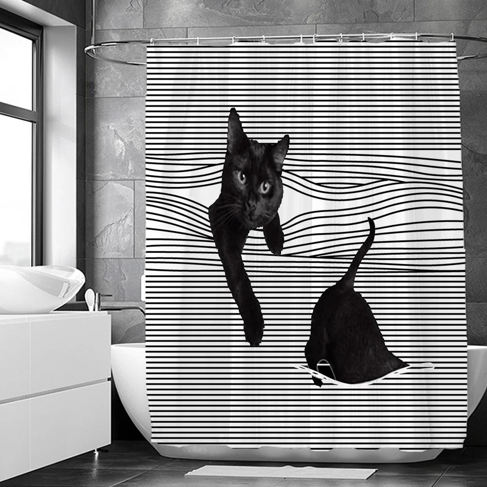 Funny Cat Cartoon Shower Curtain , Cute Animal Theme W90XH180cm