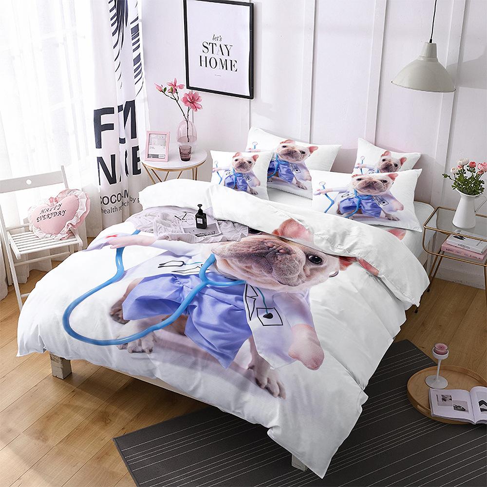 Dog Duvet Cover Set 3D Animal Theme Polyester Bedding Set Queen King Size Cute Pug Dog Printed Cover For Kids Teen Boy Bedspread
