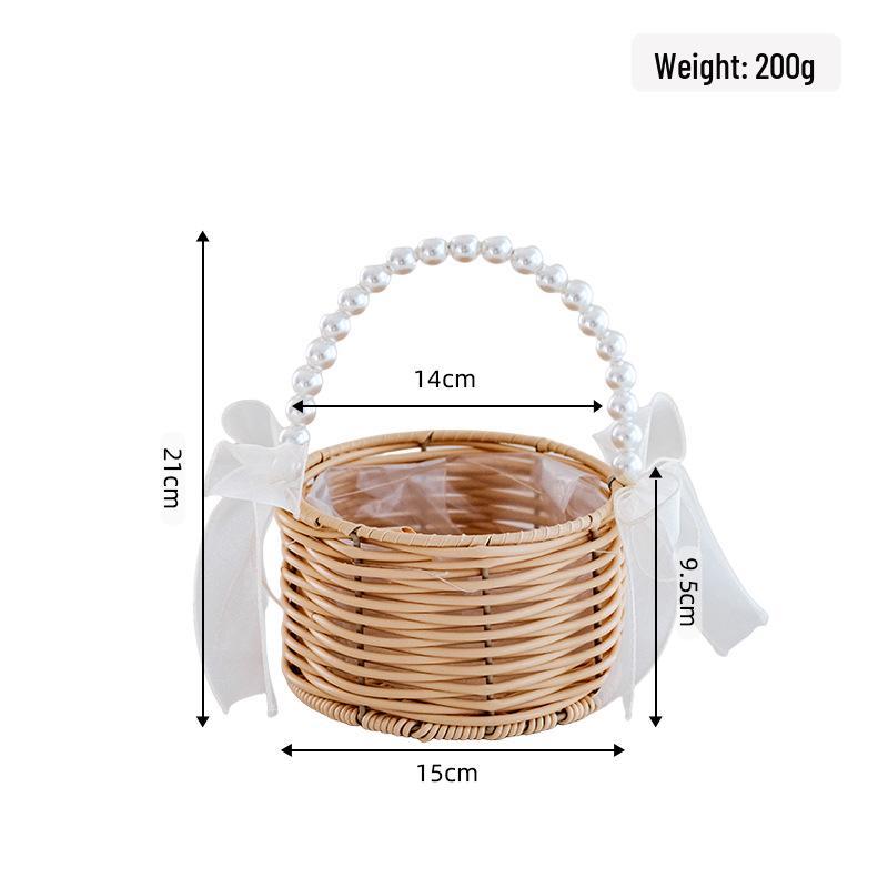 Round Pearl Handle Imitation Rattan Handbag - Handmade Woven Souvenir & Flower Basket