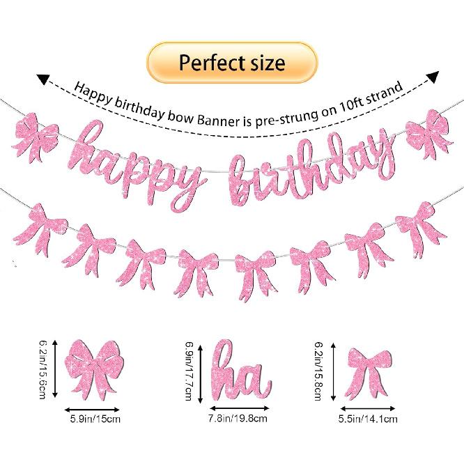Happy Birthday Bow Banner-Glitter Pink Birthday Banner for Women Coquette Decorations for Coquette Party Bow Party Decorations Pink Supplies.