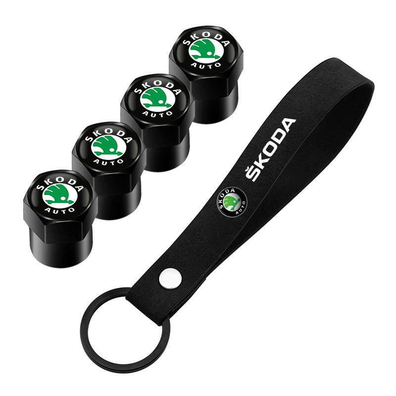 BASS7 Car Tire Valve Caps with Car Badge Keyring Keychain Accessories for Skoda Octavia A5 A4 Mk1 Fabia Superb Rapid