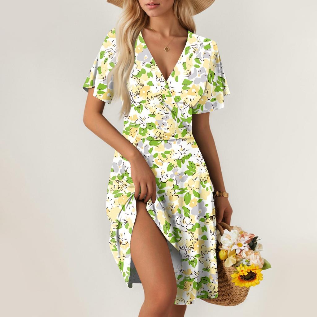 Damen Sommerkleid Locker Strandurlaub Lässig Tiefer V-Ausschnitt Kleid Kurzarm Elegant Hemdkleid