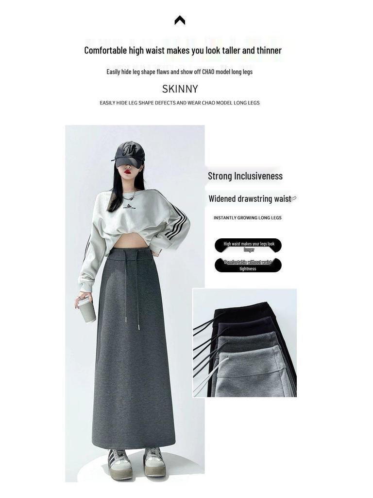 Women's Gray Elastic Waist A-Line Mini Skirt - Sporty High Waist, Bodycon, Slit, Casual Autumn Wear for Petite
