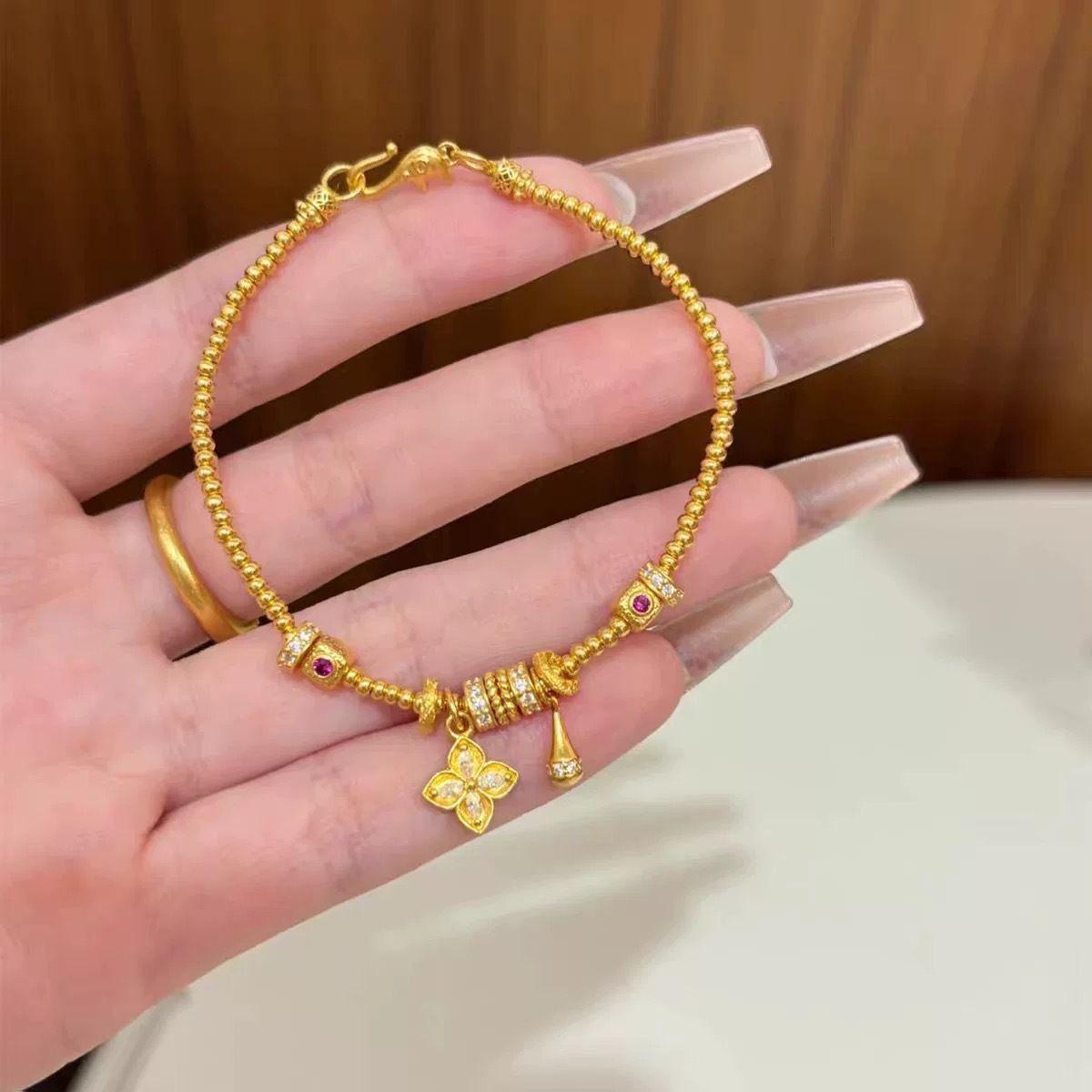 

Gold Plated Four-Leaf Clover Water Drop Bracelet – Women s Luxury Beaded Bracelet with Long-Lasting Color Retention