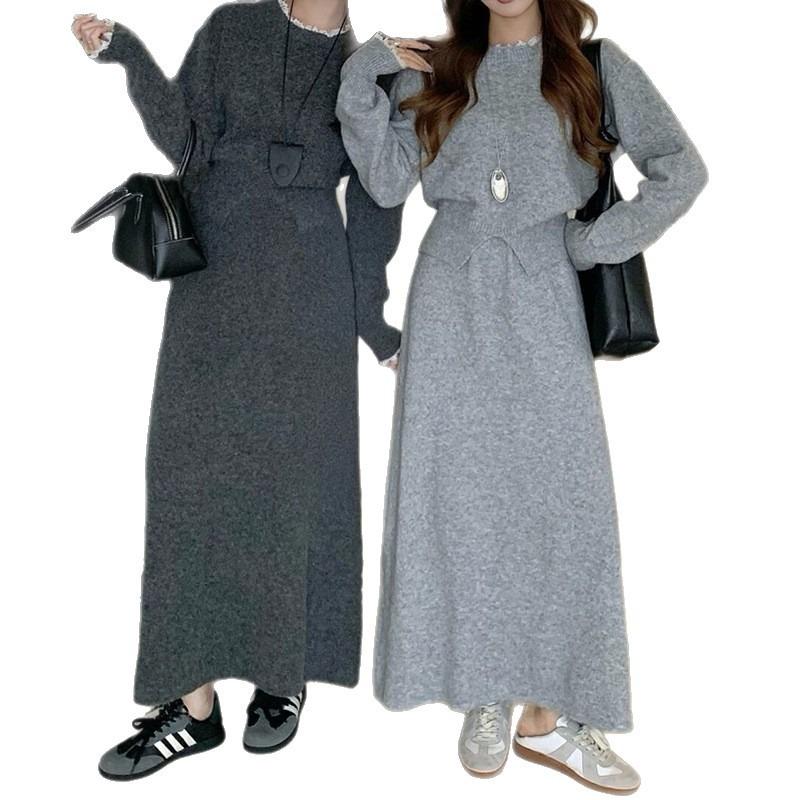 Casual Temperament Knitted Sweater Set Women's New Lace Lace Splicing Pullover Sweater + Skirt