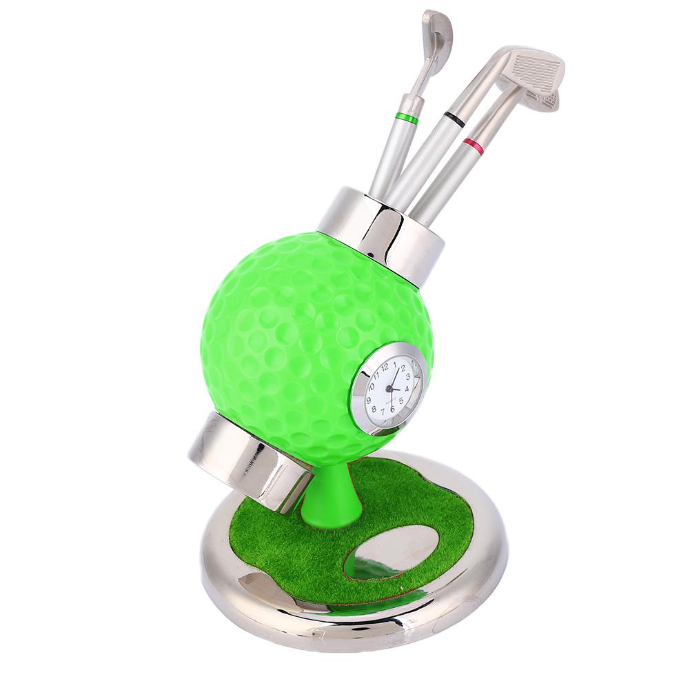 Golf Ball Shape Pen Holder Pencil Vase Desktop Set With Clock 3 Pens for Study Office(green)
