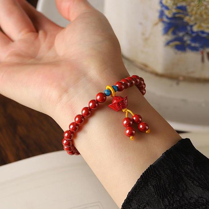 Natural Cinnabar Bracelet with Imperial Yuanbao Pendant - Single or Double Loop for Men and Women