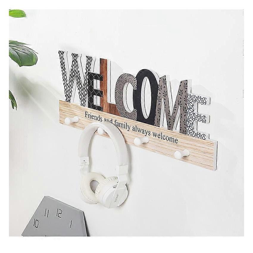 Farmhouse Wall Mount with 4 Metal Hooks, Hanging Rustic Distressed Welcome Sign for Front Door, Decorative Wooden Coat Rack for Home Decor