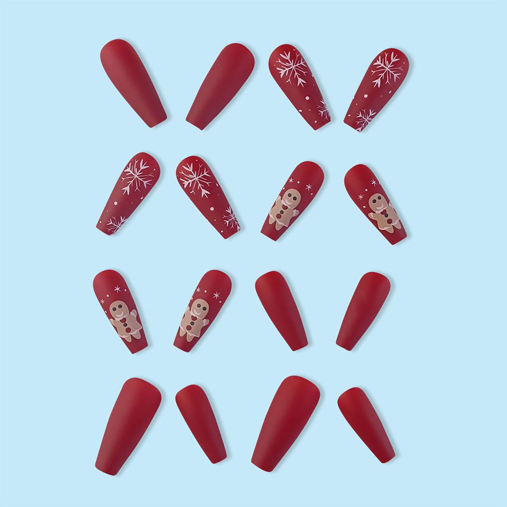 Christmas Red Fake Nails with Snowman Printed Natural Unbreakable Nail Simple Wear for Daily and Parties Wearing