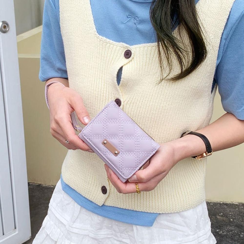 

PU Trifold Короткий кошелек с несколькими отделениями для карт, сумка для карт, простой клетчатый держатель для карт для женщин белый