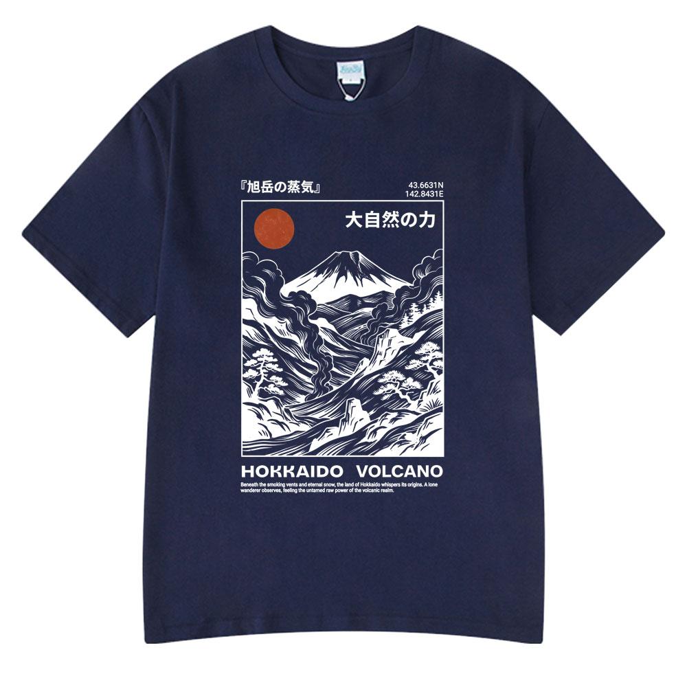 Hokkaido Volcano Illustration T-shirt Retro Okiyo-e Style Japanese Mountain Art TShirt Unisex Short Sleeve Cotton Casual Streetwear