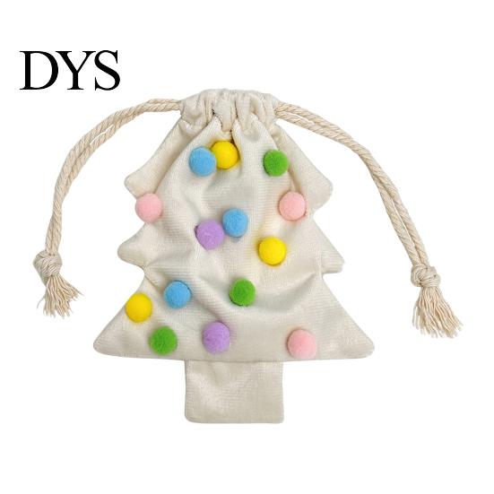 Soft Fabric Party Favors Christmas Tree Drawstring Gift Bag, Plush Pom Bell Hanging Cute Fur Ball Ornaments Ornament, Reusable Candy Pouch Decor