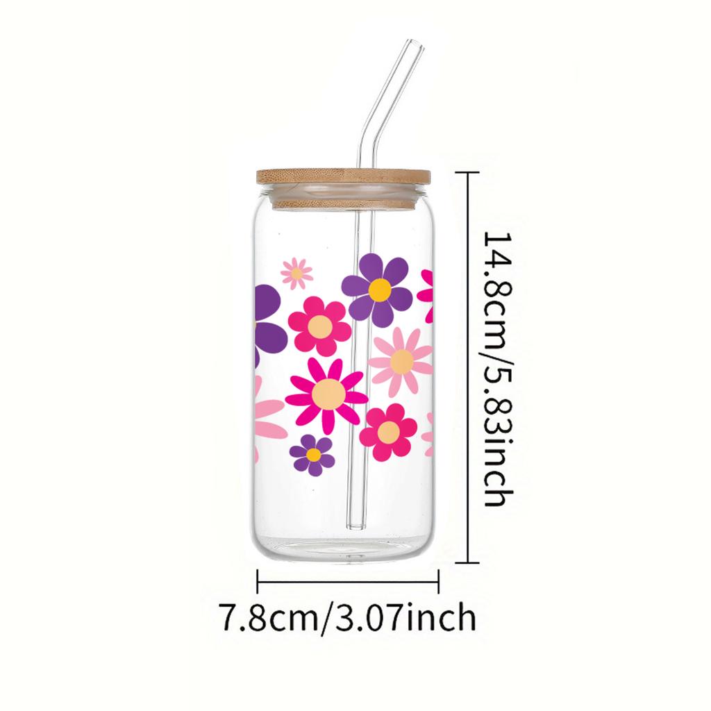 16oz Pink Purple Flower Pattern Clear High Borosilicate Drinking Glass Can With Lid And Straw Juice Coffee Bottles Summer Gift