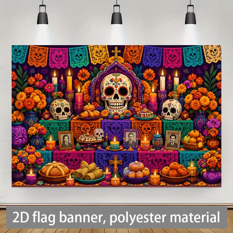 2D Flat Banner Background Fabric for the Halloween Theme, Featuring Painted Sugar Skulls,zyc