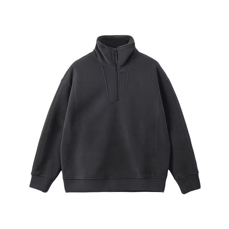 Hong Kong Style Solid Color Fleece Half-Zip Polo Shirt - Men's Retro Loose Casual Hoodie