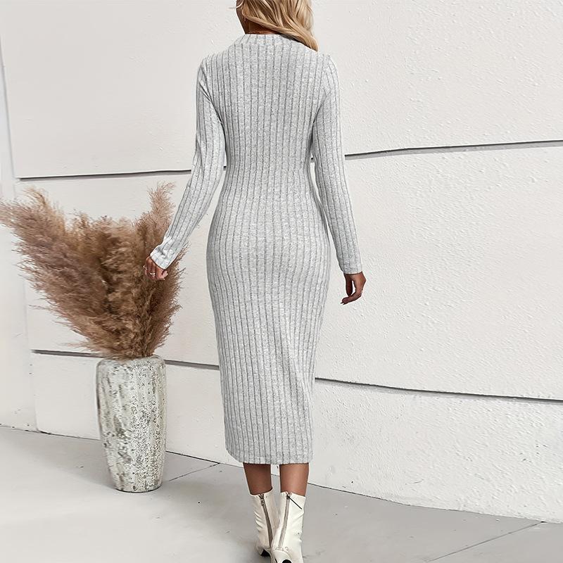 Women Spring Autumn Commuter Style Round Collar Long Sleeve Bodycon Casual Solid Color Knitted Package Hip Dress