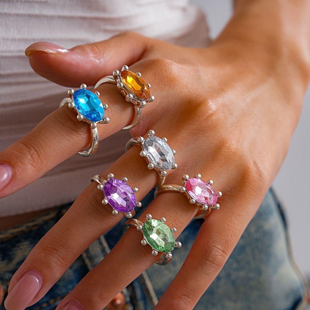 Adjustable Rhinestone Open Ring Colorful Knuckle Ring Trendy Y2K Stackable Ring Women Girls