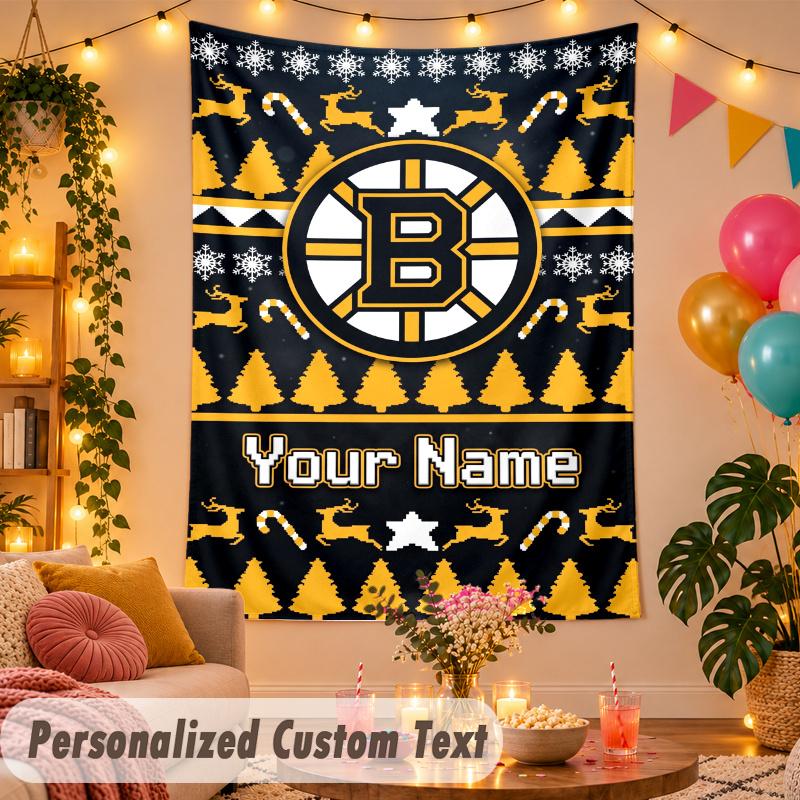Boston Bruins Personalized Wall Tapestry Custom Name Text Polyester Hanging Decor Home Room