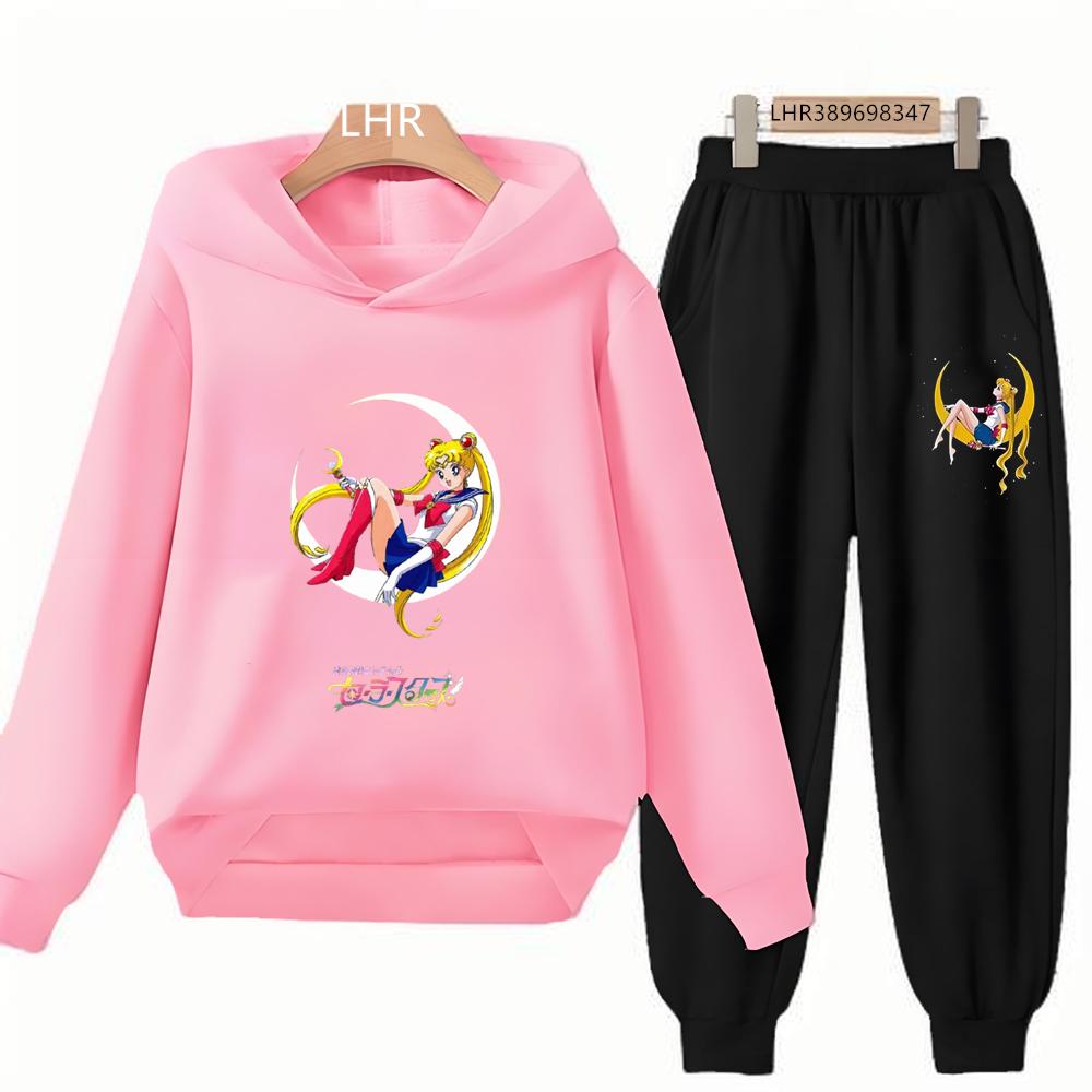 Girl Pink Hoodie Sailor Moon Print Coat+Trousers Boy Toddler Clothes Leisure Top Fashion Sports Children Black Set Outdoors
