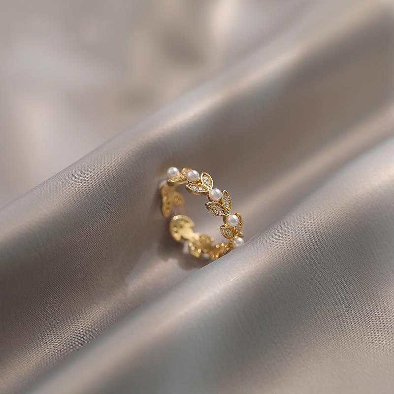 Japanese and Korean style simple zircon wheat ear pearl open ring ring exquisite versatile jewelry