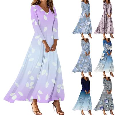 Women's Casual 3/4 Sleeve V-Neck Floral Print Maxi A-Line Beach Dress