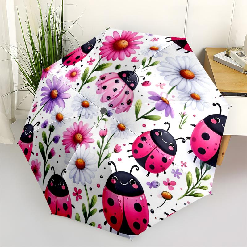 1pc Ladybugs Flowers Automatic Open/close Umbrella, 8-Rib sturdy structure, Auto Folding/Opening, Portable Travel Umbrella for Women c19