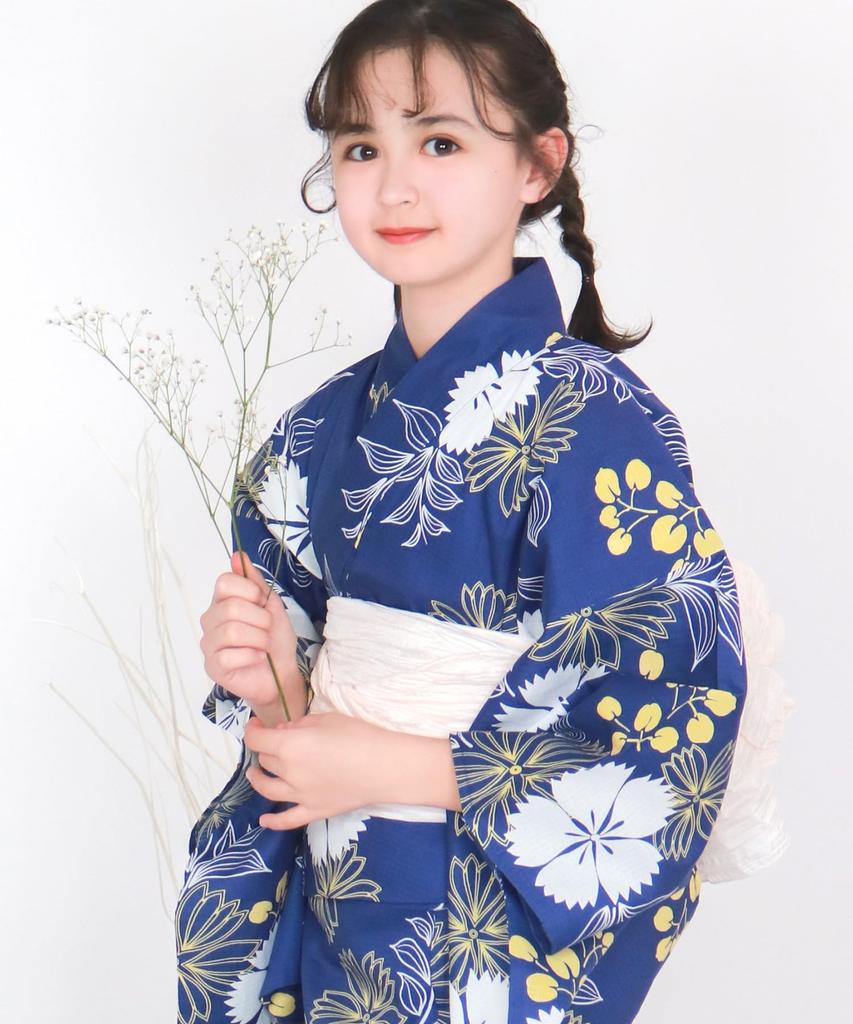 Yukata Change Set Heiko Junior Girls Gunjo [KYOETSU] Set, Yukata, Two-Part Type, Girls, Unbleached, Weave, 2-piece (Yukata, Obi), (5. Nadeshiko,