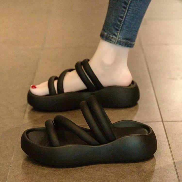 Thick-soled cool slippers spring and summer outer wear new beach sandals one-word 35 чёрный