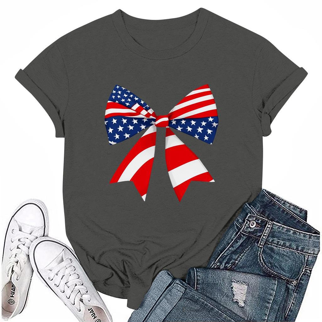 Adults Casual Daily Round Neck Independence Day Printed Short Sleeved T-shirt Letter Top