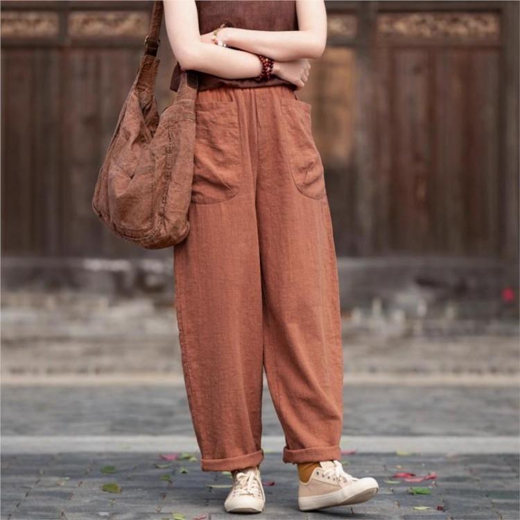 Johnature Vintage Women Harem Pants Loose Trousers Solid Color with Patchwork Pockets Elastic Waist