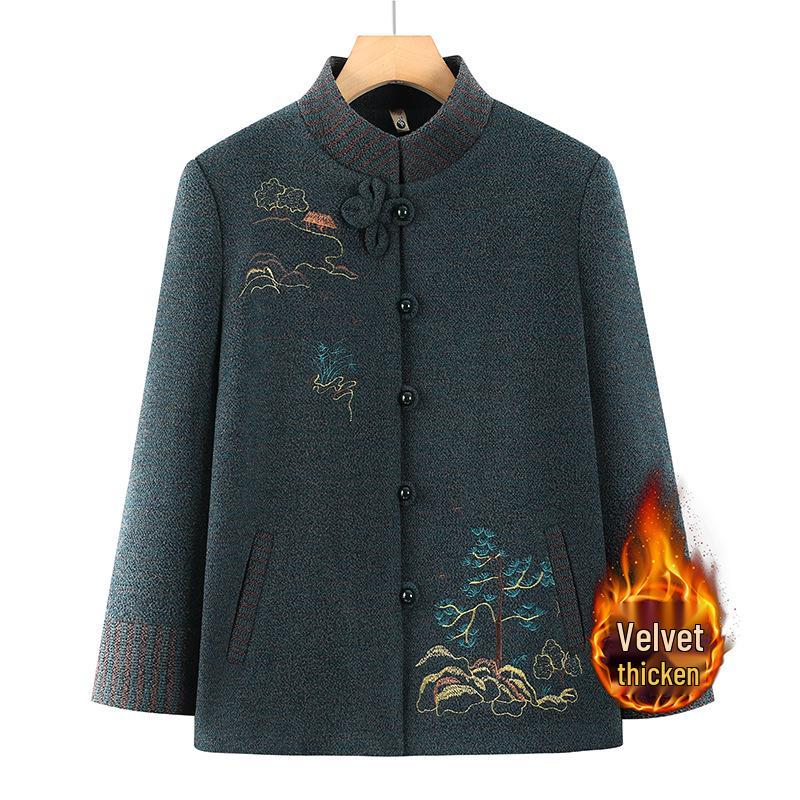 Embroidered Stand-Collar Tang Suit Top for Middle-Aged and Elderly Women, Plush-Lined Jacket for Spring, Autumn, and Winter.