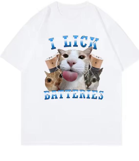 Fashion I Lick Batteries Cat Meme T Shirts Unisex Unisex Cat Tshirt Round Neck Short Sleeve Trendy Tee Shirt Streetwear