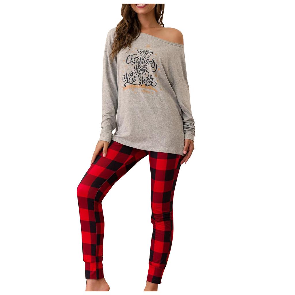 Women's Christmas Casual Loose Merry Christmas/Let It Show Print Plaid Print Long-sleeved Trouser Suit