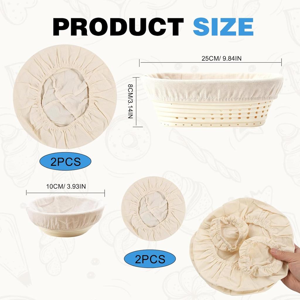 4 Pack Bread Proofing Basket Liner, 2 Pack 10 Inch Round Banneton Basket Cloth Cover & 2 Jar Covers, Natural Cotton Sourdough Proofing Liners for