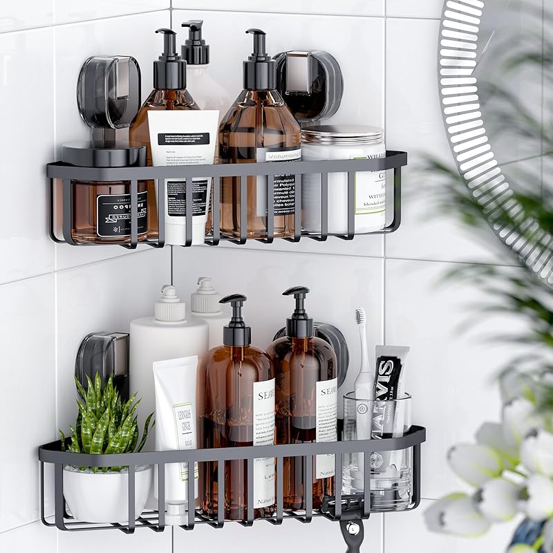 Corner Shower Caddy, Suction Cup Shower Shelf, No-Drilling Removable Shower Organizer, Wall Mounted Rack Storage for Bathroom, Large&Small Shower Corner Set (2-Pack)