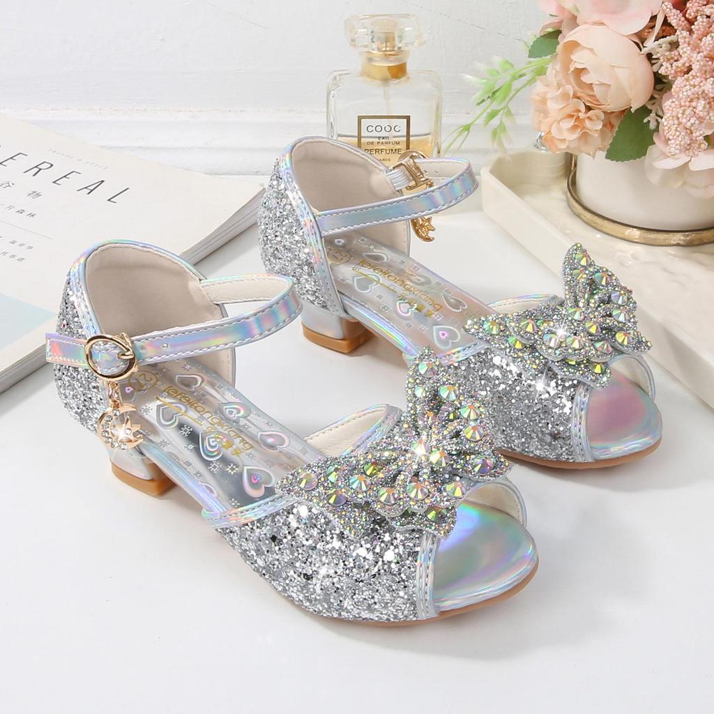 2025 New Summer Girls' Princess Sandals - Soft Sole Butterfly Crystal High Heels for Kids