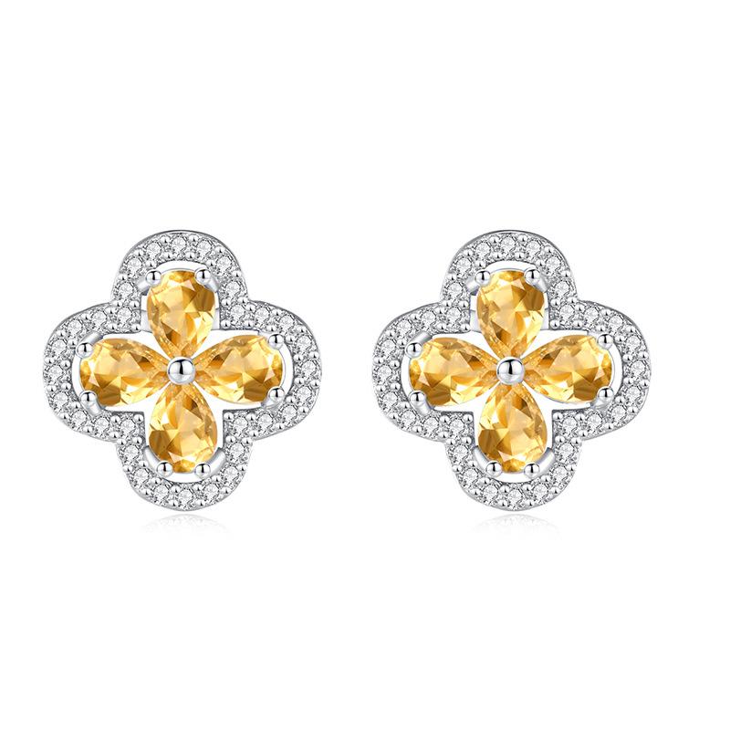S925 Sterling Silver Four Leaf Clover Stud Earrings Natural Amethyst Topaz Advanced Sense Earring Minimalist Luxury