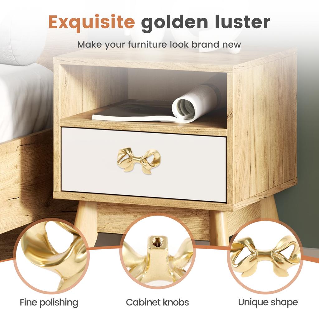 4Pcs Bow Knobs Brass Bow Shaped Drawer Knobs Decorative Gold Bow Pull Handles with Screws for Home Office Cabinet Closet