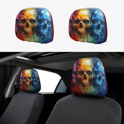JEJEA Color Skull Print 2 Pcs Car Seat Headrest Covers Protect Decorative Accessories for Car, Van, Truck