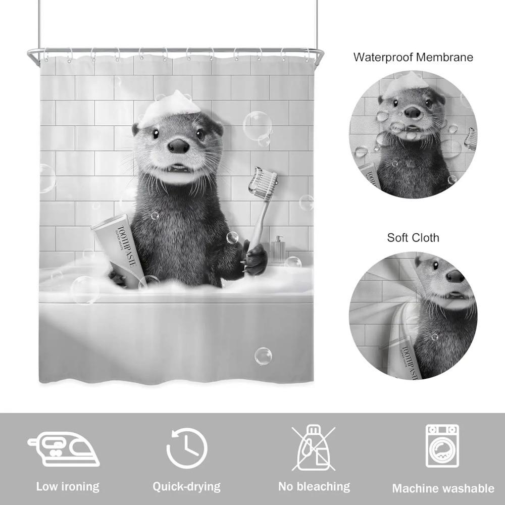 Funny Otter In Bathtub Printed Shower Curtain Black White Wildlife Artwork For Bathroom Decor