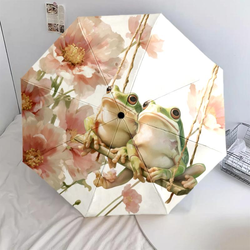 Frog and Flowers pattern, automatic folding umbrella, portable and foldable design, 8 ribs, a Christmas or birthday gift.