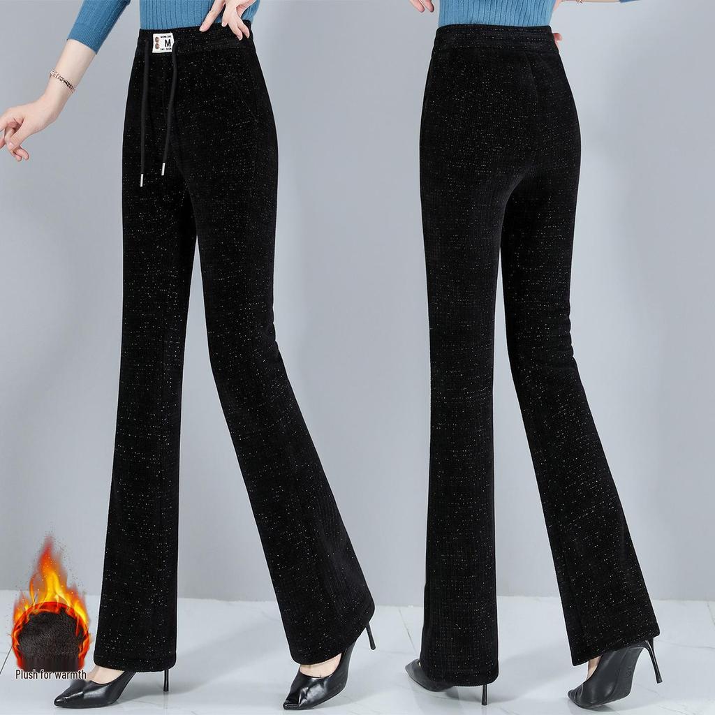 Women's High-Waisted Fleece-Lined Flared Pants - Warm, Casual, Slimming, Elastic, Versatile for Autumn/Winter