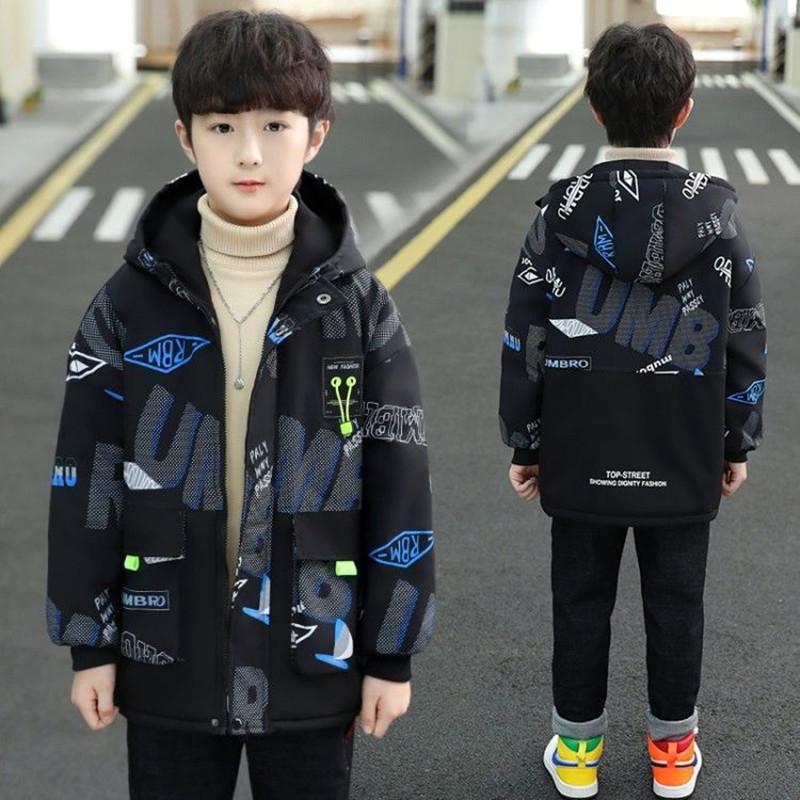 Jungen Winter Gepolsterte Jacke Mode Plus Samt Mit Kapuze Warme Mantel Buchstaben Drucken Patchwork kinder Oberbekleidung Trenchcoat