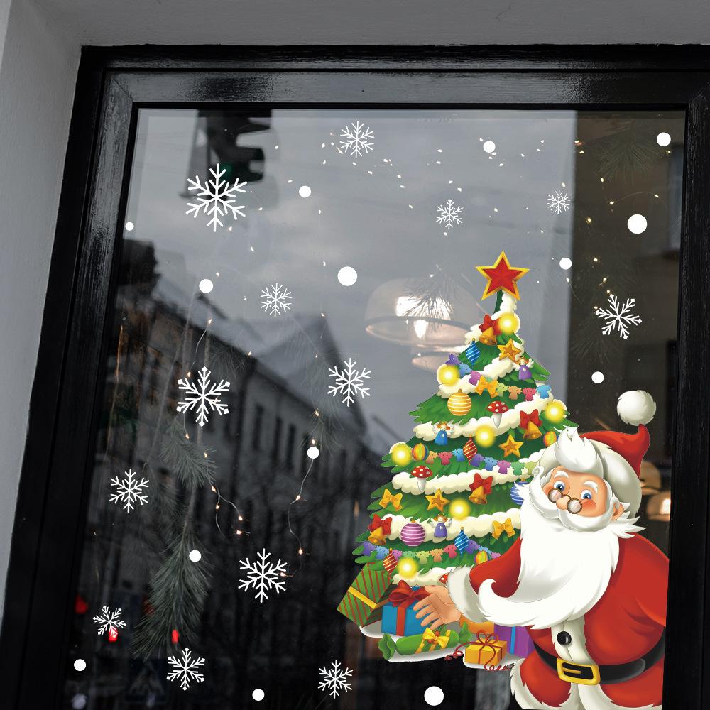 Santa Claus Christmas Tree Decorated with Snow Atmosphere Glass Windows Window Stickers